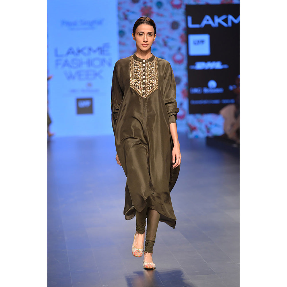 Payal Singhal Raeesa Moss Green Silk Kurta with Soft Net Churidar (Set of 2)