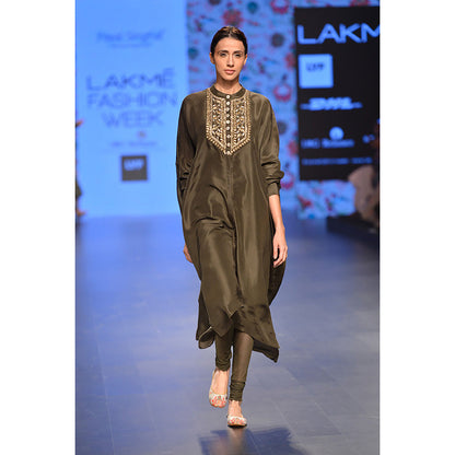 Payal Singhal Raeesa Moss Green Silk Kurta with Soft Net Churidar (Set of 2)