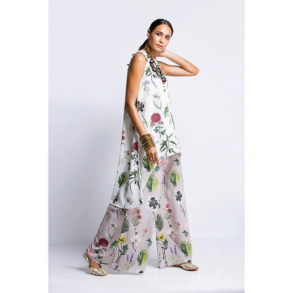 Payal Singhal Ivory Printed Crepe Tunic with Purple Printed Semi Crepe Pant (Set of 2)