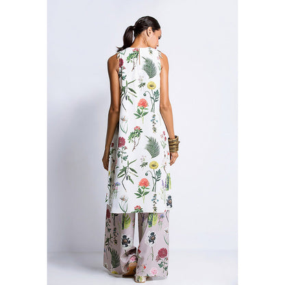 Payal Singhal Ivory Printed Crepe Tunic with Purple Printed Semi Crepe Pant (Set of 2)