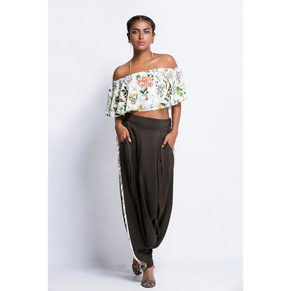 Payal Singhal Off White Printed Crepe Off Shoulder Ruffle Top & Silk Pant (Set of 2)