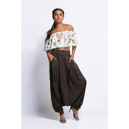 Payal Singhal Off White Printed Crepe Off Shoulder Ruffle Top & Silk Pant (Set of 2)