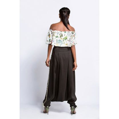 Payal Singhal Off White Printed Crepe Off Shoulder Ruffle Top & Silk Pant (Set of 2)