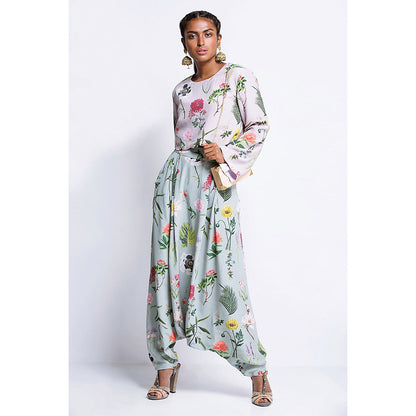 Payal Singhal Lilac Printed Crepe Crop Top & Aqua Printed Crepe Low Crotch Pant (Set of 2)