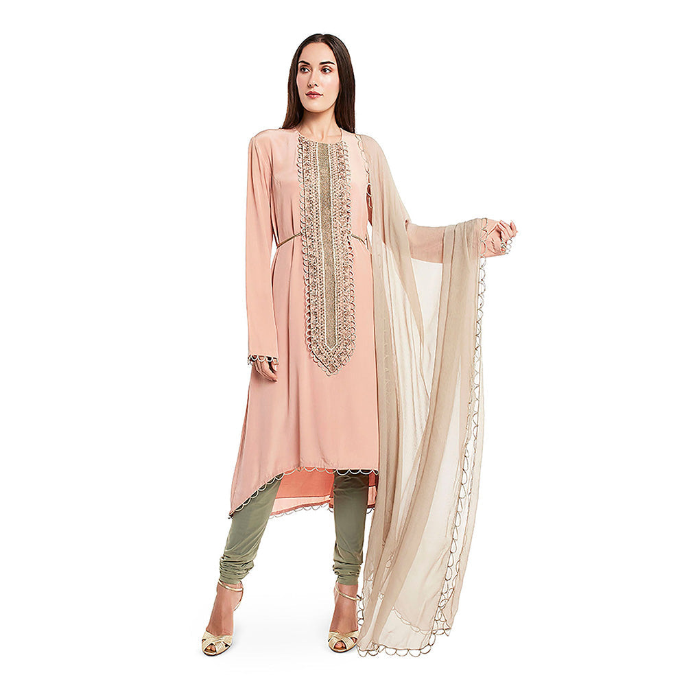 Payal Singhal Pink Crepe High Low Kurta with Net Churidar & Chiffon Dupatta (Set of 3)