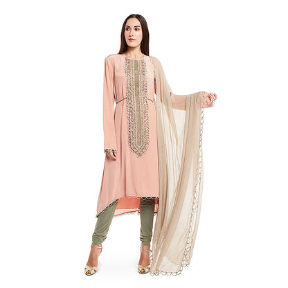 Payal Singhal Pink Crepe High Low Kurta with Net Churidar & Chiffon Dupatta (Set of 3)