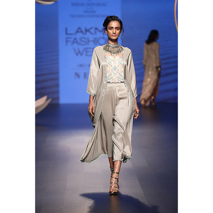 Payal Singhal Seyda Grey Silk Kaftan Top with Cowl Pant (Set of 2)