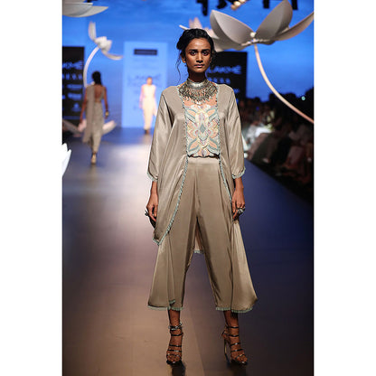 Payal Singhal Seyda Grey Silk Kaftan Top with Cowl Pant (Set of 2)