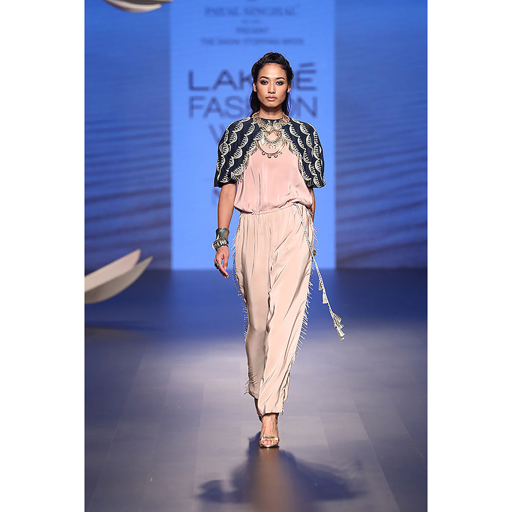 Payal Singhal Arka Navy Silk Cape with Rose Pink Crepe Jumpsuit (Set of 2)