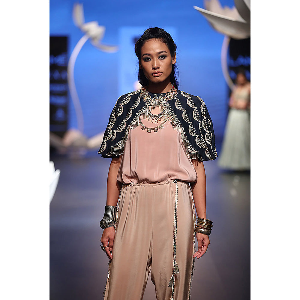 Payal Singhal Arka Navy Silk Cape with Rose Pink Crepe Jumpsuit (Set of 2)