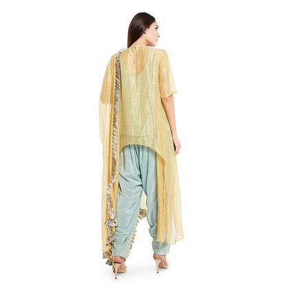 Payal Singhal Yellow Chanderi High Low Kurta with Dupatta, Camisole with Salwar (Set of 4)