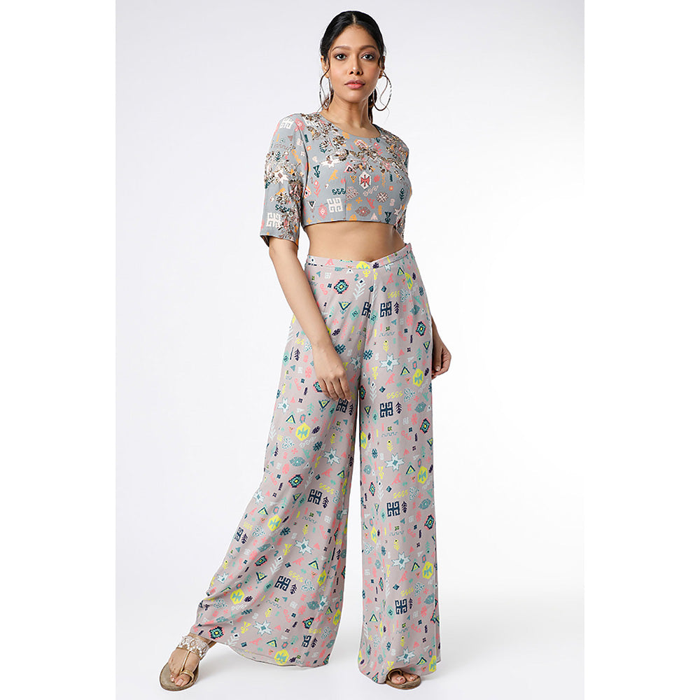 Payal Singhal Grey Kilim Bandhani Print Choli with Bandhani Crepe Palazzo (Set of 2)