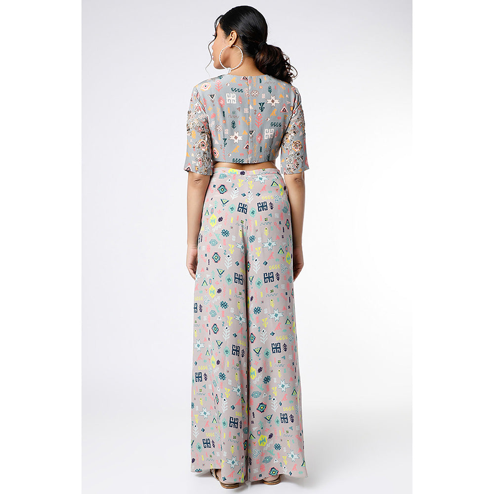 Payal Singhal Grey Kilim Bandhani Print Choli with Bandhani Crepe Palazzo (Set of 2)