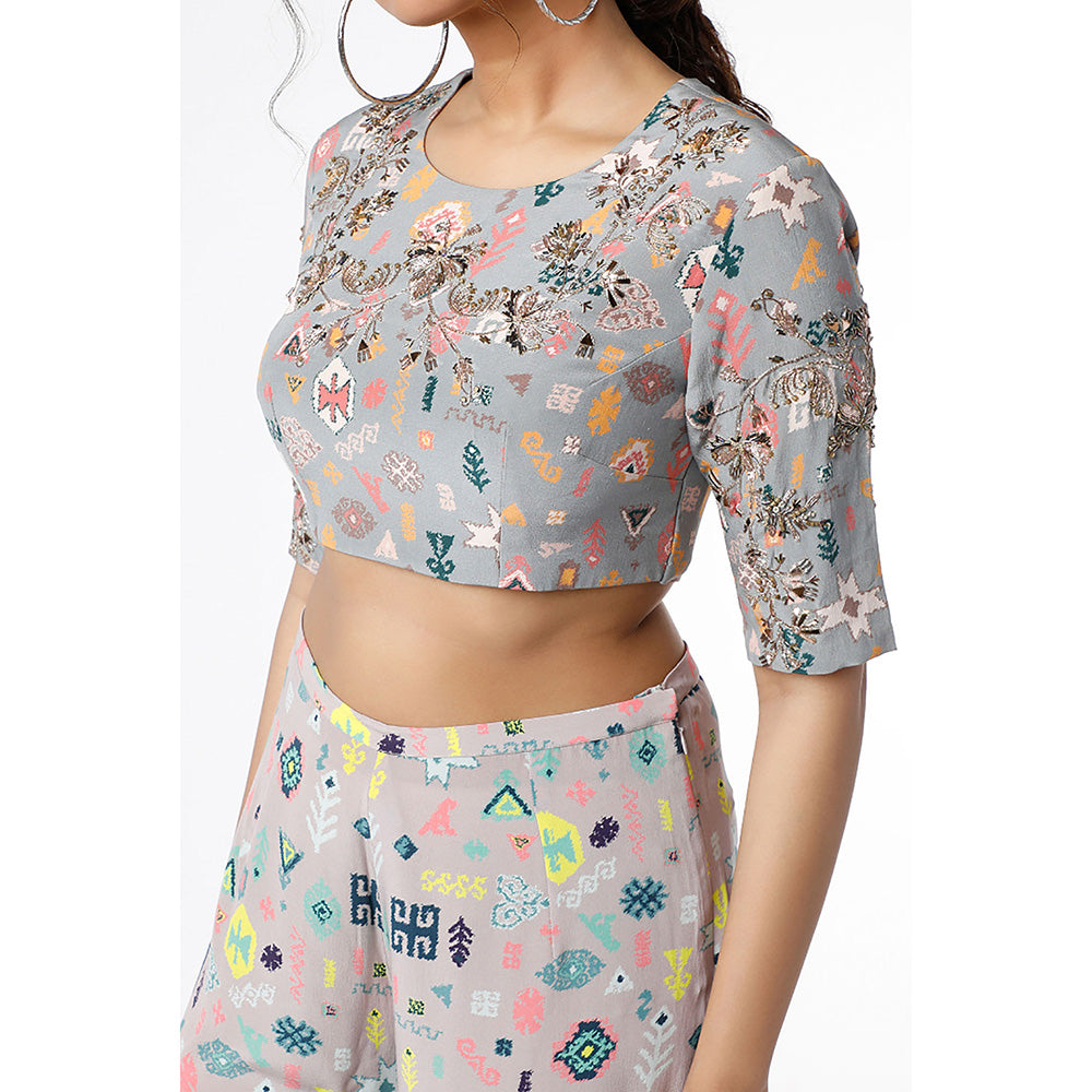 Payal Singhal Grey Kilim Bandhani Print Choli with Bandhani Crepe Palazzo (Set of 2)