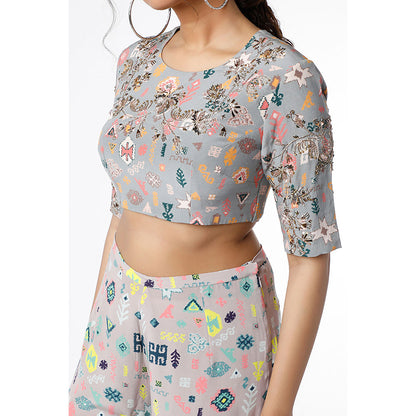 Payal Singhal Grey Kilim Bandhani Print Choli with Bandhani Crepe Palazzo (Set of 2)