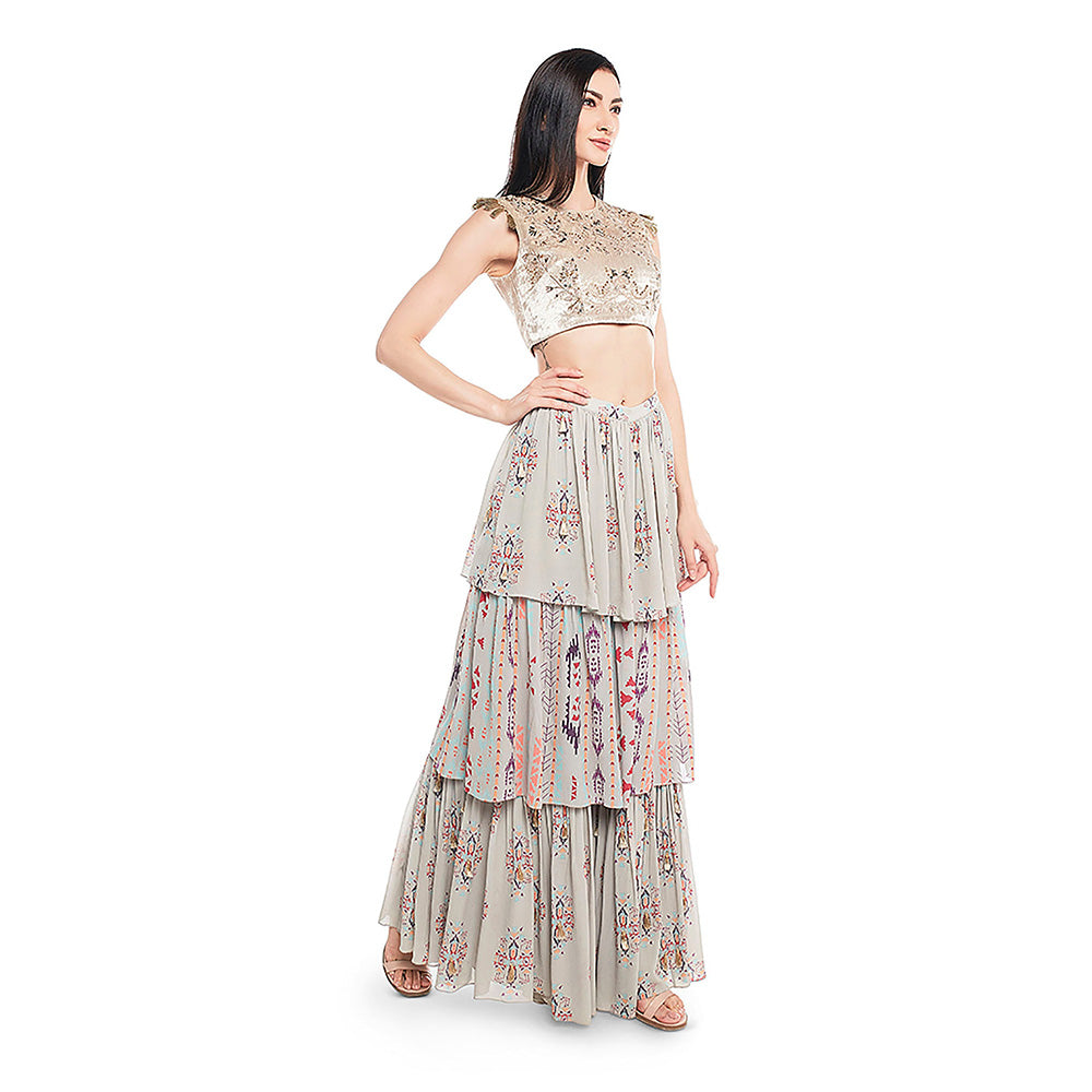 Payal Singhal Grey Velvet Choli with Grey Printed Georgette Layered Sharara (Set of 2)