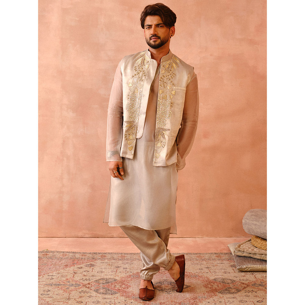 PS Men by Payal Singhal Beige Bagh Embroidered Bandi with Kurta & Jogger Pant (Set of 3)