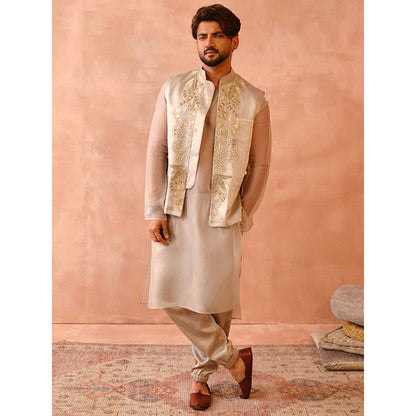 PS Men by Payal Singhal Beige Bagh Embroidered Bandi with Kurta & Jogger Pant (Set of 3)