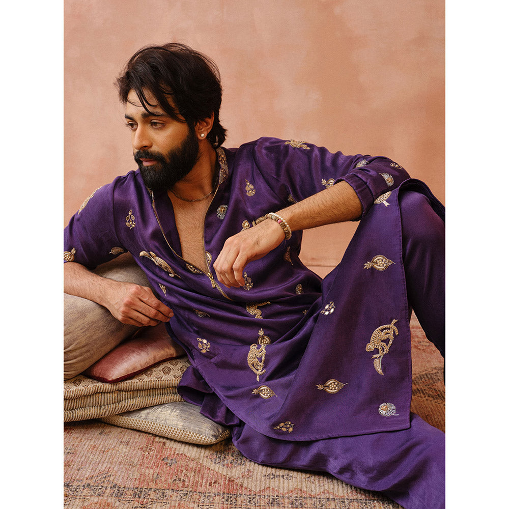 PS Men by Payal Singhal Purple Embroidered Bomber Kurta with Jogger Pant (Set of 2)