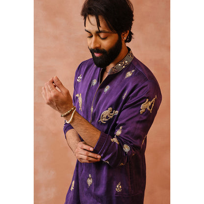PS Men by Payal Singhal Purple Embroidered Bomber Kurta with Jogger Pant (Set of 2)