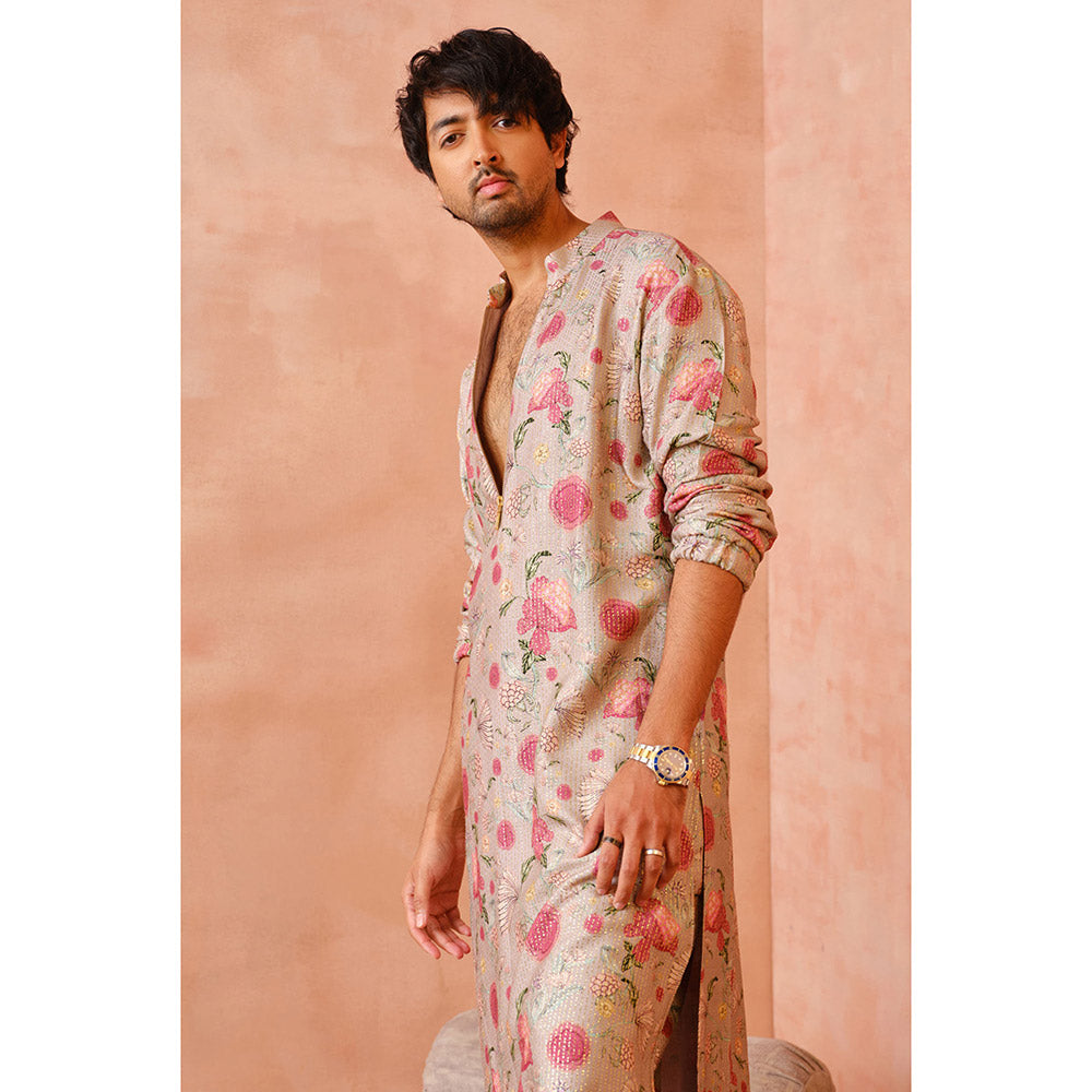 PS Men by Payal Singhal Beige Gulbagh Print Bomber Kurta with Jogger Pant (Set of 2)
