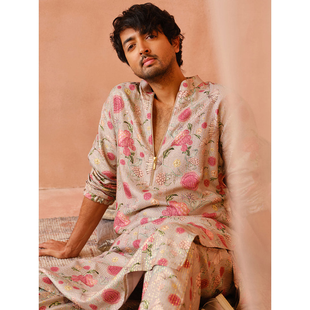 PS Men by Payal Singhal Beige Gulbagh Print Bomber Kurta with Jogger Pant (Set of 2)