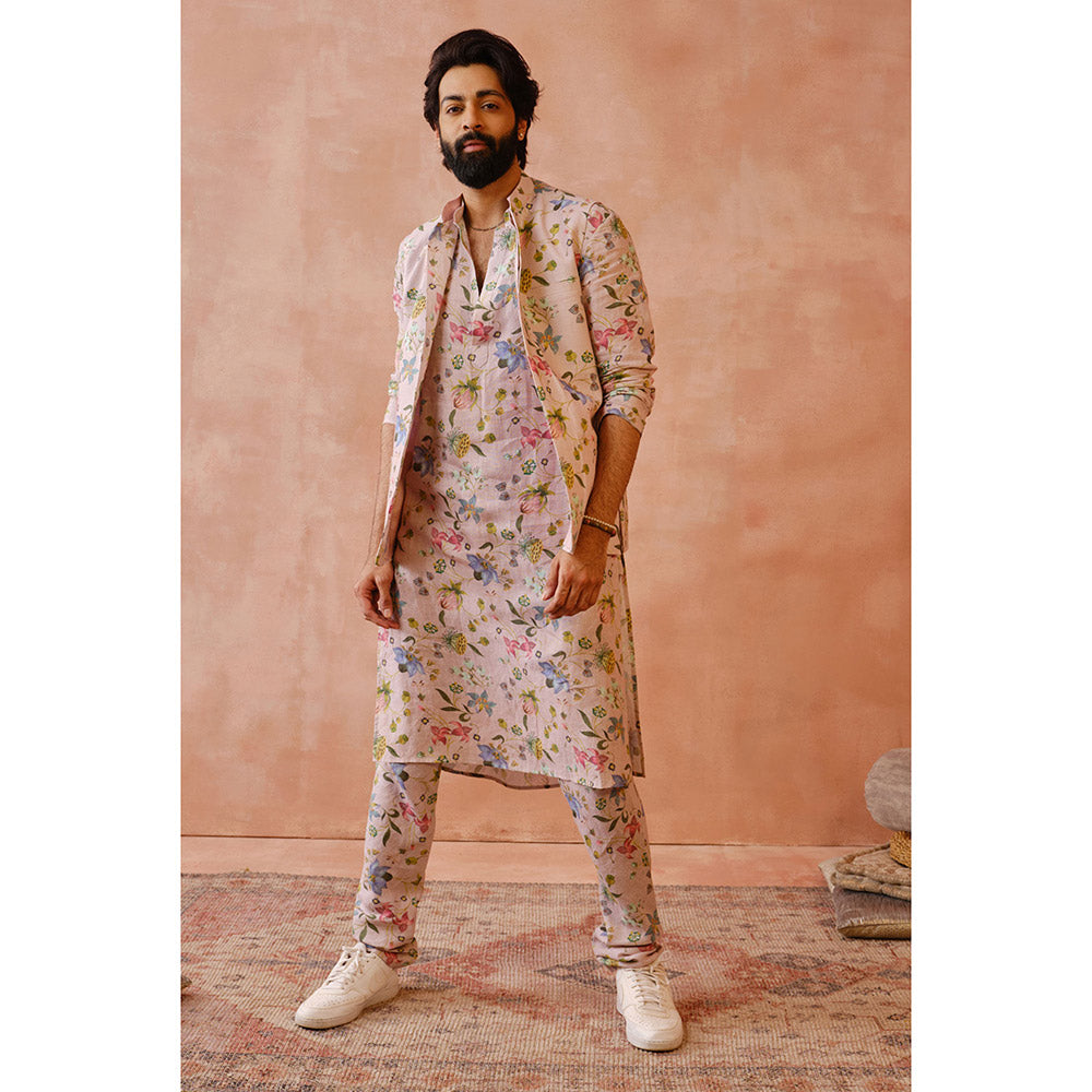 PS Men by Payal Singhal Rose Pink Nargis Print Bandi with Kurta & Churidar (Set of 3)