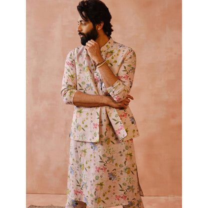 PS Men by Payal Singhal Rose Pink Nargis Print Bandi with Kurta & Churidar (Set of 3)