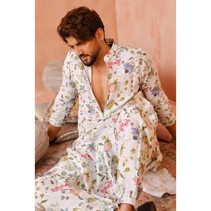 PS Men by Payal Singhal Ivory Nargis Print Bomber Kurta with Jogger Pant (Set of 2)