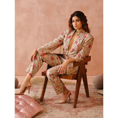 PS Pret by Payal Singhal Pink Gulbagh Print Blazer with Bustier and Pants (Set of 3)