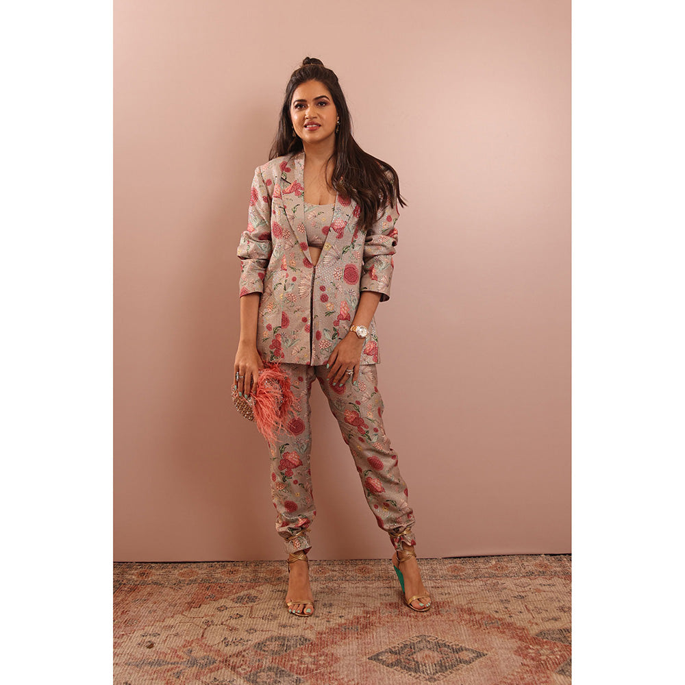 PS Pret by Payal Singhal Pink Gulbagh Print Blazer with Bustier and Pants (Set of 3)