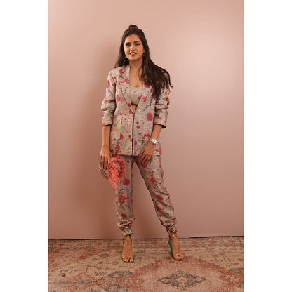 PS Pret by Payal Singhal Pink Gulbagh Print Blazer with Bustier and Pants (Set of 3)