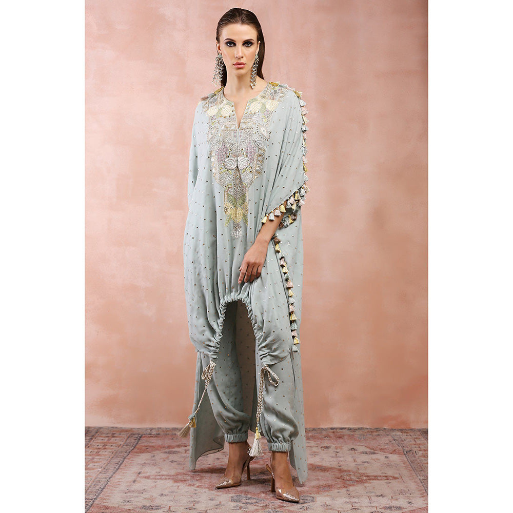Payal Singhal Powder Blue Applique Embroidered High Low Kaftan with Jogger Pants (Set of 2)