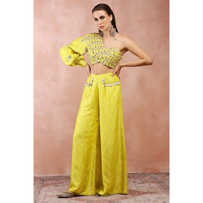 Payal Singhal Yellow Mirror Work One Shoulder Top and Palazzo (Set of 2)