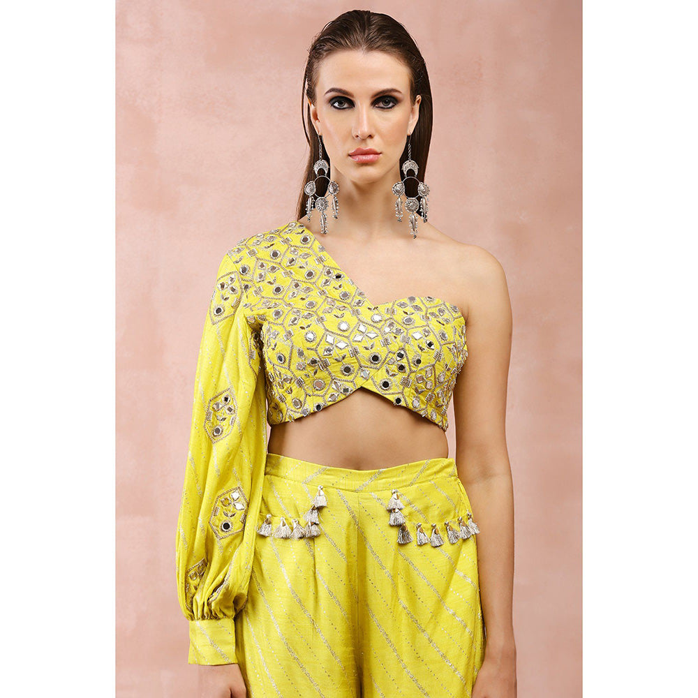 Payal Singhal Yellow Mirror Work One Shoulder Top and Palazzo (Set of 2)