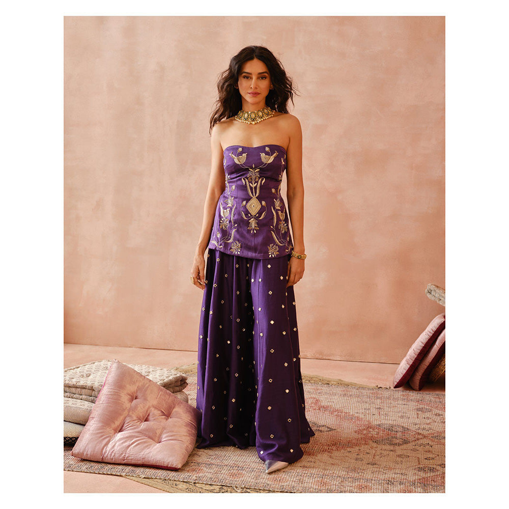 Payal Singhal Purple Embroidered Tube Backless Kurta with Sharara and Dupatta (Set of 3)