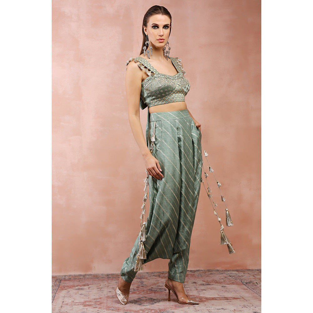 Payal Singhal Green Embroidered Corset Top with Lowcrotch Pants (Set of 2)