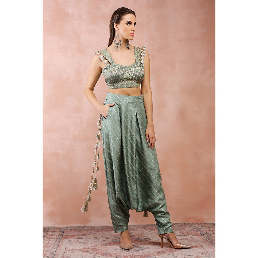 Payal Singhal Green Embroidered Corset Top with Lowcrotch Pants (Set of 2)