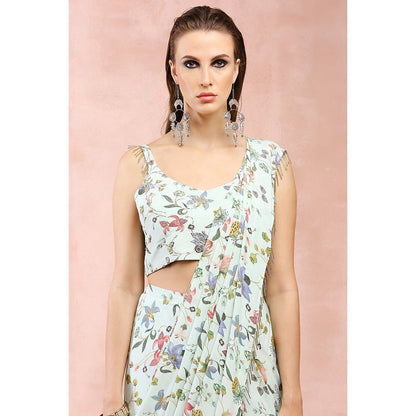 Payal Singhal Mint Nargis Print Pre-Stitched Saree with Stitched Embellished Choli