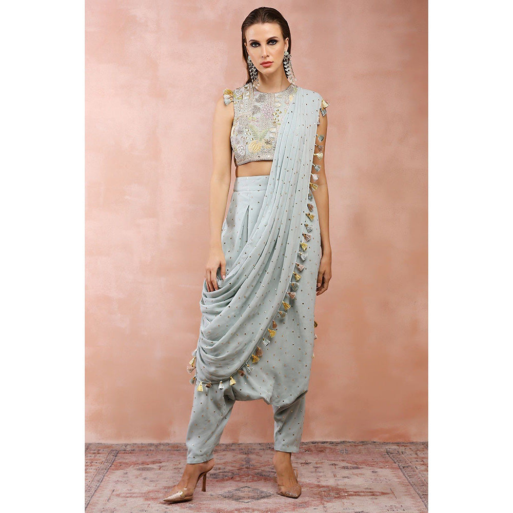 Payal Singhal Powder Blue Low Crotch Pant With Attached Drape Saree & Stitched Blouse