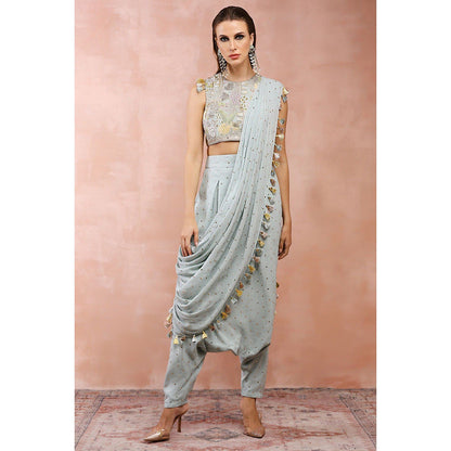 Payal Singhal Powder Blue Low Crotch Pant With Attached Drape Saree & Stitched Blouse