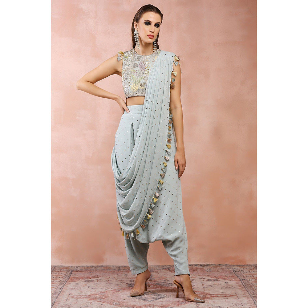 Payal Singhal Powder Blue Low Crotch Pant With Attached Drape Saree & Stitched Blouse