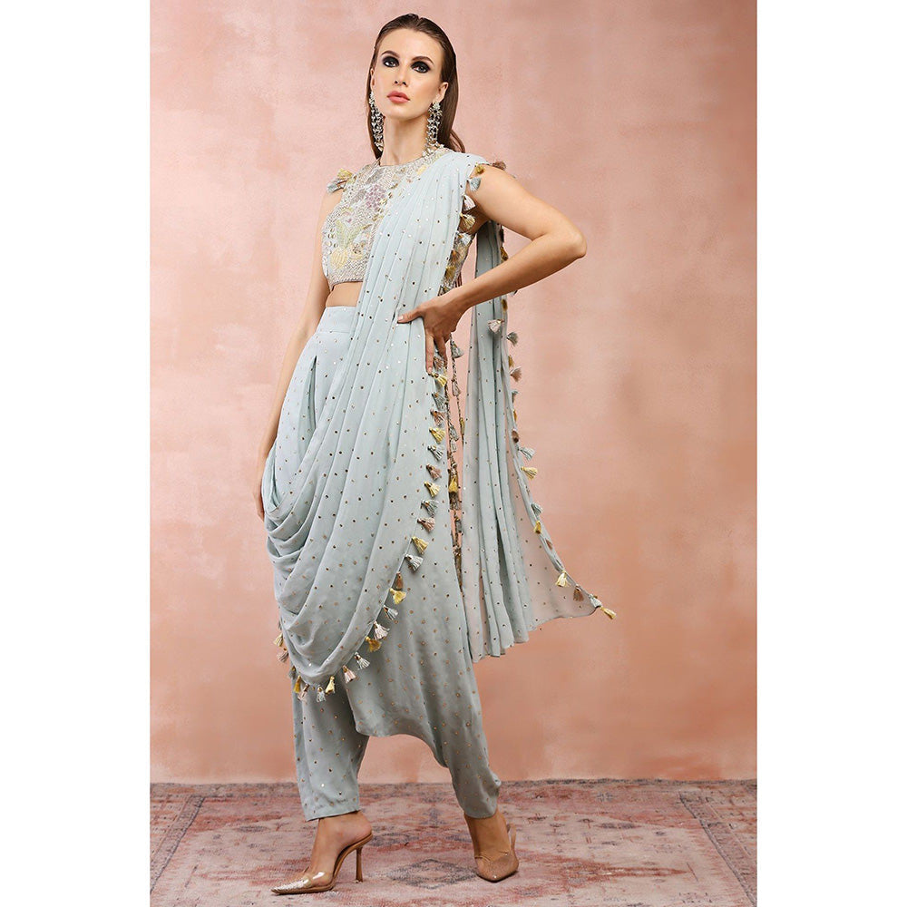 Payal Singhal Powder Blue Low Crotch Pant With Attached Drape Saree & Stitched Blouse