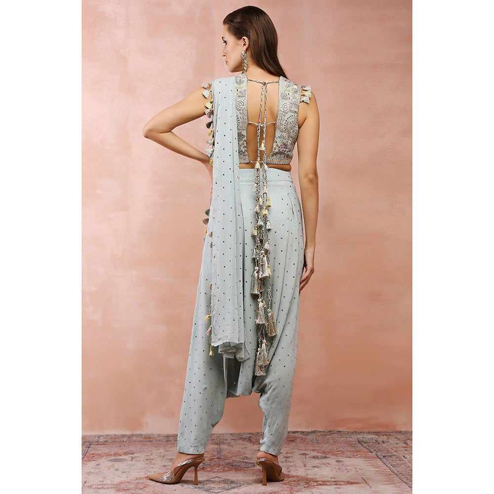 Payal Singhal Powder Blue Low Crotch Pant With Attached Drape Saree & Stitched Blouse