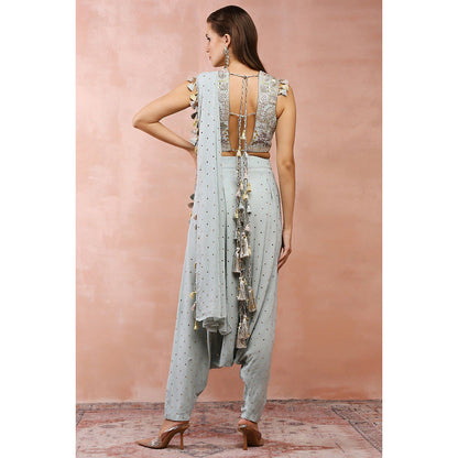 Payal Singhal Powder Blue Low Crotch Pant With Attached Drape Saree & Stitched Blouse