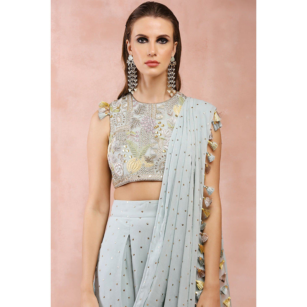 Payal Singhal Powder Blue Low Crotch Pant With Attached Drape Saree & Stitched Blouse