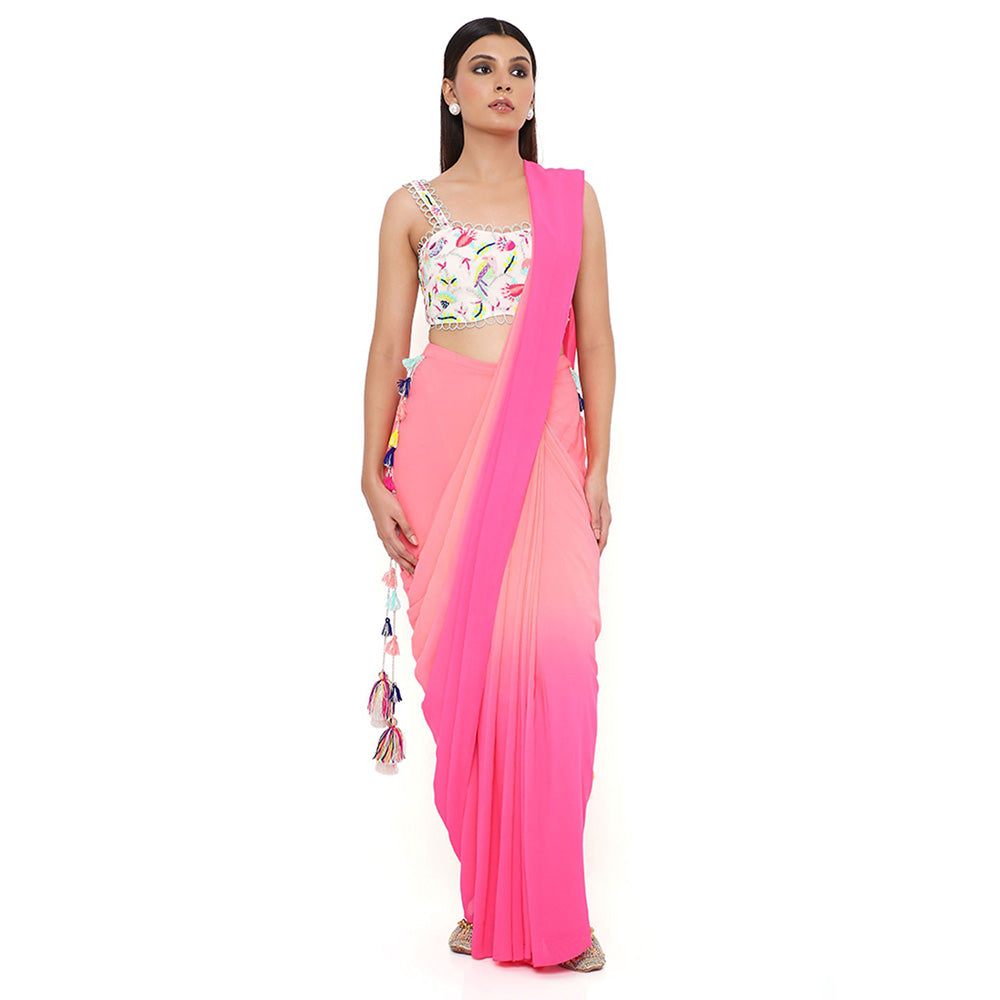 Payal Singhal Georgette Embroidered Coral Pre-Stitched Blouse Saree with Stitched Blouse