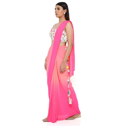 Payal Singhal Georgette Embroidered Coral Pre-Stitched Blouse Saree with Stitched Blouse