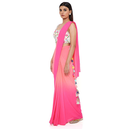 Payal Singhal Georgette Embroidered Coral Pre-Stitched Blouse Saree with Stitched Blouse