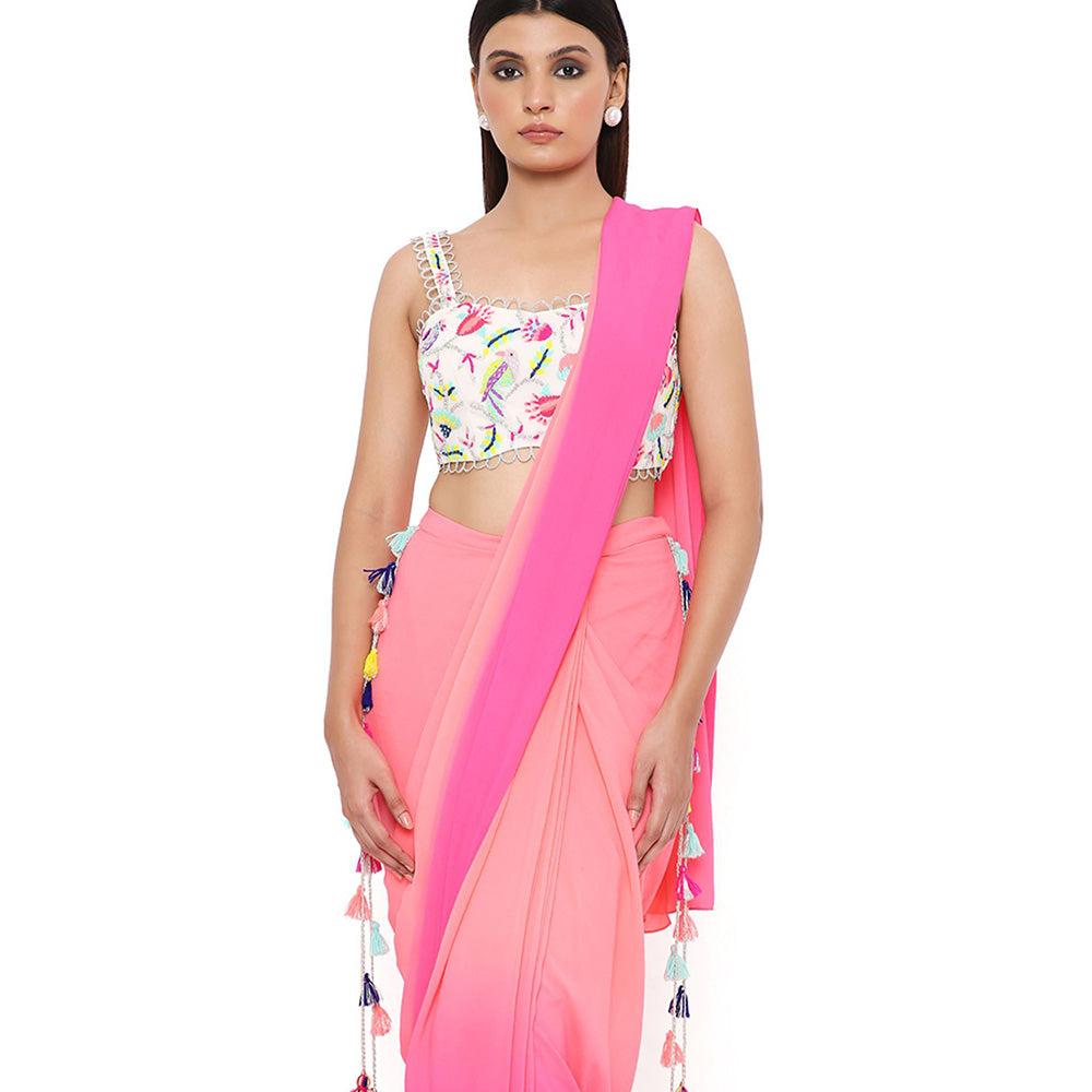 Payal Singhal Georgette Embroidered Coral Pre-Stitched Blouse Saree with Stitched Blouse